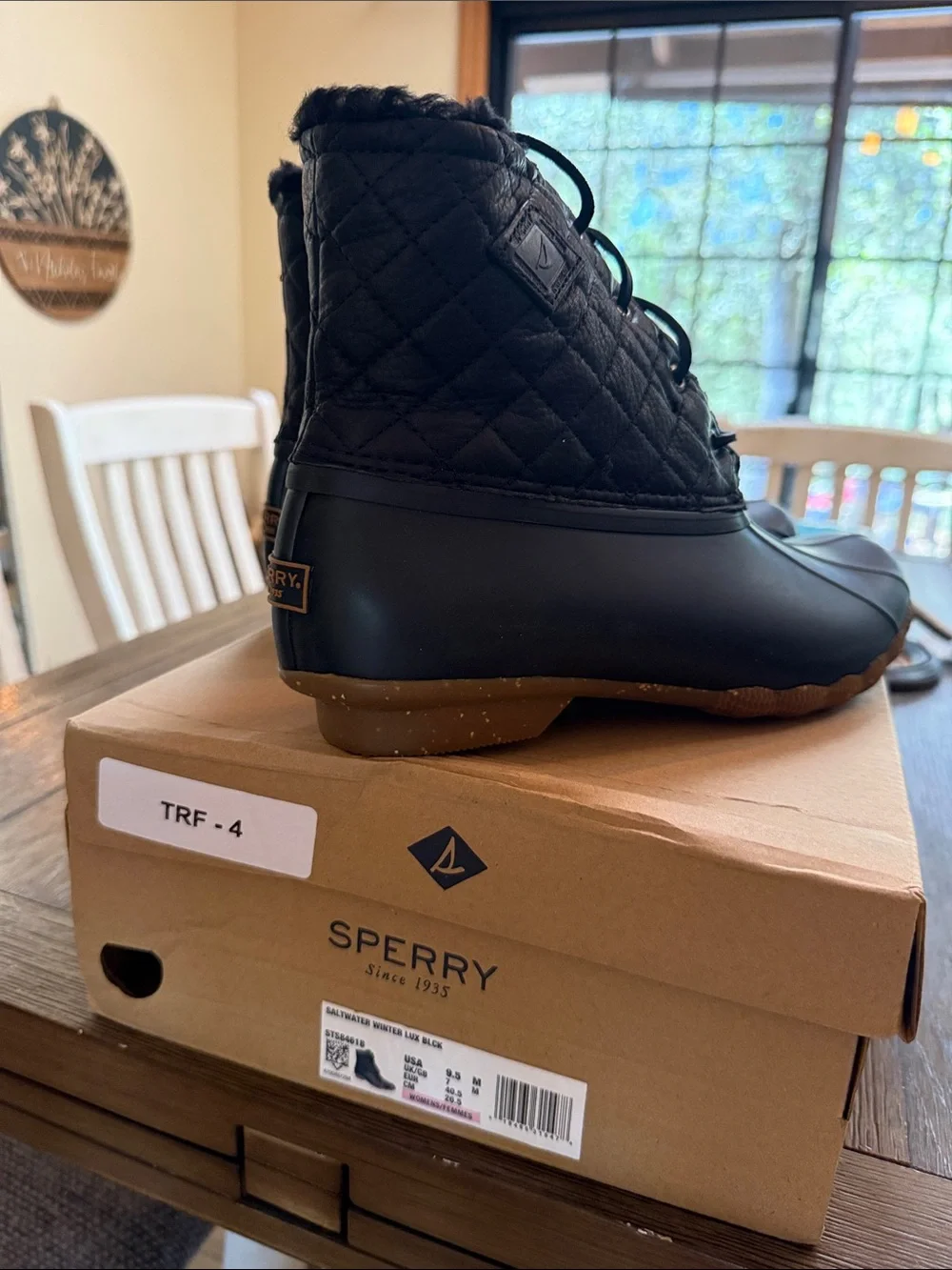 Sperry Black Quilted Lace-Up Duck Boots with Brown Soles